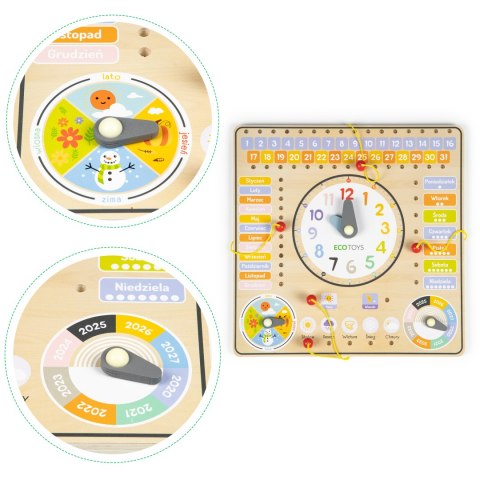 DREWNIANA TABLICA MANIPULACYJNA KALENDARZ ZEGAR ECOTOYS