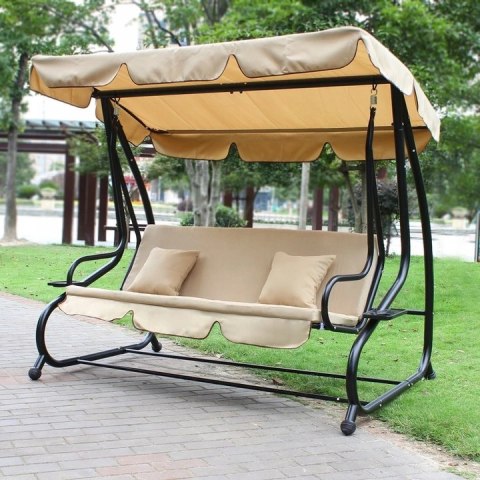 HUŚTAWKA OGRODOWA ROZKŁADANA 3-OSOBOWA 2W1 PODUSZKI BEŻOWA MULTIGARDEN