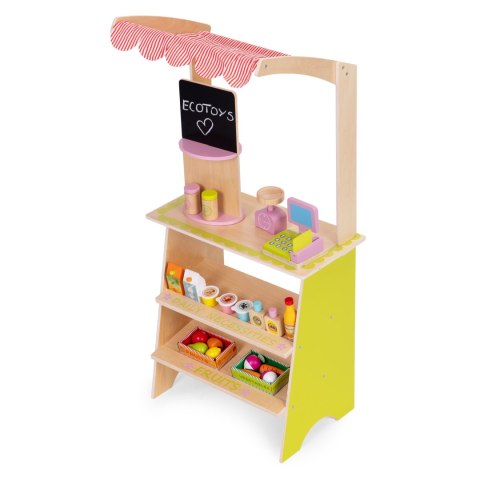 DUŻY DREWNIANY STRAGAN DLA DZIECI SKLEP Z TERMINALEM I WAGĄ OWOCE WARZYWA 20 ELEMENTÓW ECOTOYS