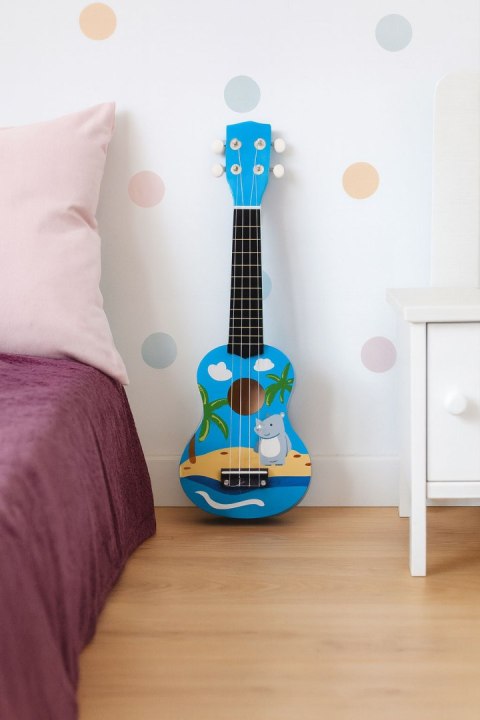 GITARA UKULELE DLA DZIECI DREWNIANA 4 STRUNY NYLONOWE KOSTKA DO GRY ECOTOYS