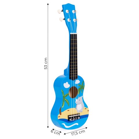 GITARA UKULELE DLA DZIECI DREWNIANA 4 STRUNY NYLONOWE KOSTKA DO GRY ECOTOYS