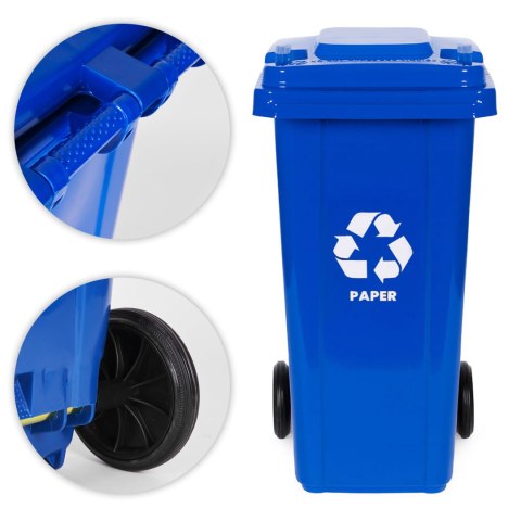 ZESTAW 3 KOSZY NA ŚMIECI POJEMNIKI 3X120L NIEBIESKI ZIELONY ŻÓŁTY MAKULATURA SZKŁO PLASTIK GUMOWE KOŁA