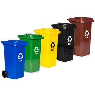 ZESTAW 5 KOSZY NA ŚMIECI POJEMNIKI 5X120L NIEBIESKI ZIELONY ŻÓŁTY CZARNY BRĄZOWY MAKULATURA SZKŁO PLASTIK ODPADY ZMIESZANE BIO G
