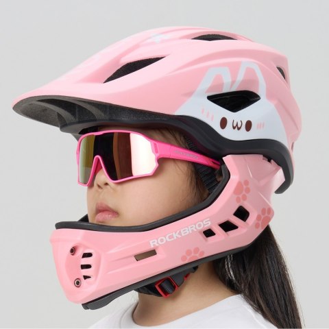 Kask rowerowy dziecięcy z odpinaną szczęką rozmiar S 48-52cm - różowy królik