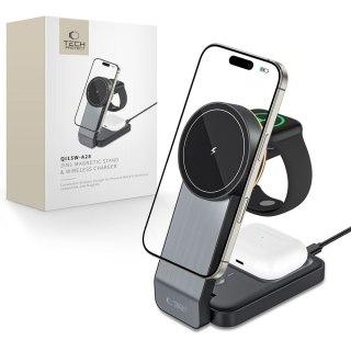 Ładowarka indukcyjna 3w1 ze stojakiem na smartfon Apple Watch AirPods MagSafe - czarna