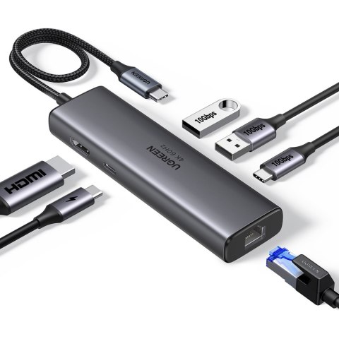 HUB rozdzielacz 6w1 USB-C na HDMI USB-C USB-A Ethernet - szary