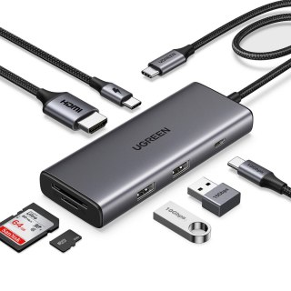 HUB rozdzielacz 7w1 USB-C na HDMI USB-C USB-A SD TF - szary