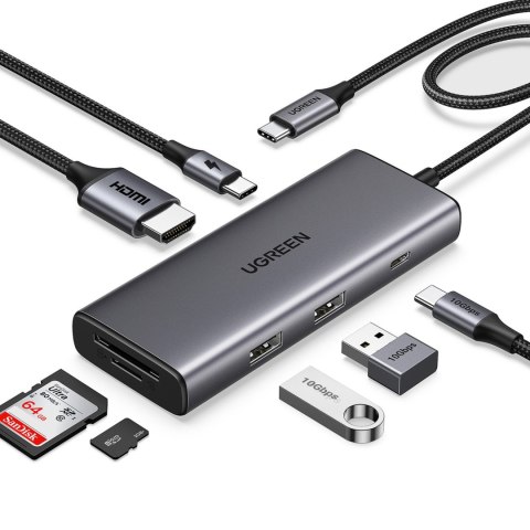 HUB rozdzielacz 7w1 USB-C na HDMI USB-C USB-A SD TF - szary
