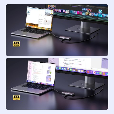 HUB rozdzielacz 7w1 USB-C na HDMI USB-C USB-A SD TF - szary