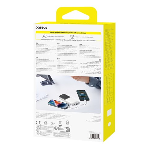 Powerbank 10000mAh 22.5W Lipow z wbudowanymi kablami USB-C iPhone Lightning - biały