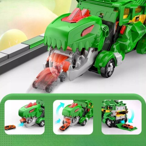 Ciężarówka dinozaur T-rex wyrzutnia zjeżdżalnia + 2 resoraki połykacz autka