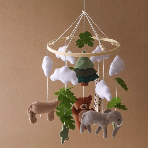 Karuzelka do Łóżeczka Dziecięcego Boho Naturalne Drewno z pałąkiem Safari