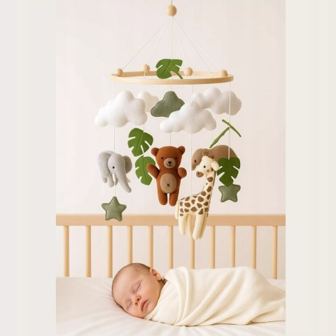 Karuzelka do Łóżeczka Dziecięcego Boho Naturalne Drewno z pałąkiem Safari