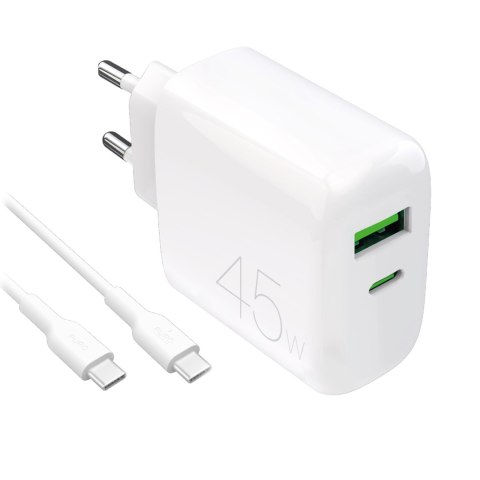Ładowarka sieciowa USB-C USB-A PD z kablem USB-C 45W - biała