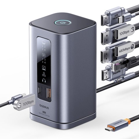 HUB Stacja dokująca 11w1 USB-C HDMI DP USB-A USB-C RJ45 PD mini jack 3.5mm ładowarka EU - szara