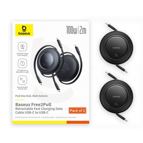 Kabel przewód zwijany USB-C 100W 2m czarny - 2 szt.