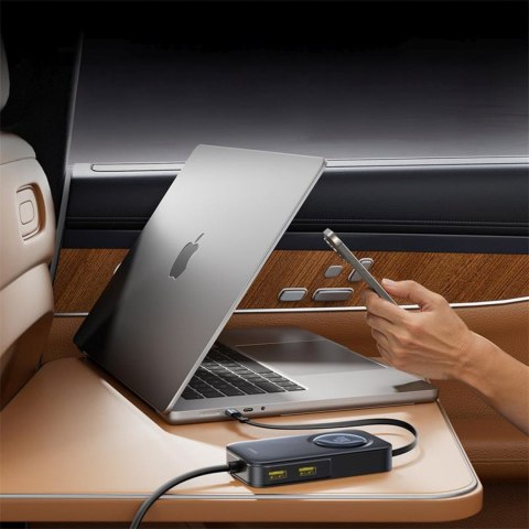 Ładowarka samochodowa ze zwijanym kablem do 6 urządzeń 60W - czarna