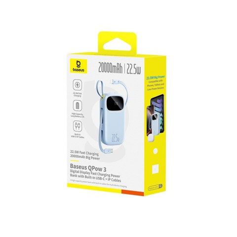 Powerbank 20000mAh z wyświetlaczem wbudowanymi kablami EnerFill FC31 22.5W - niebieski