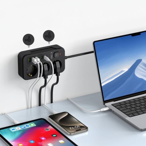 Listwa zasilająca przedłużacz 3 gniazda 240V USB-A USB-C 2m - czarna