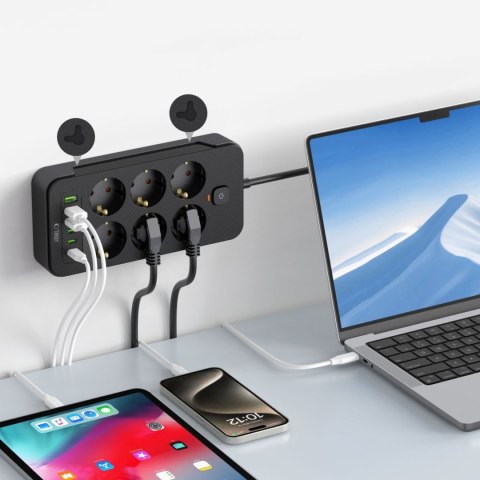 Listwa zasilająca przedłużacz 6 gniazd 240V USB-A USB-C 2m - czarna