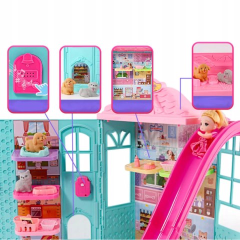 Rozkładany domek dla lalek z zjeżdżalnią 6 figurek zwierząt lalka dzwonek
