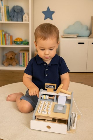 DREWNIANA KASA FISKALNA DLA DZIECI SKANER BANKNOTY MONETY KARTA ECOTOYS