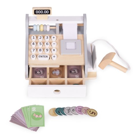 DREWNIANA KASA FISKALNA DLA DZIECI SKANER BANKNOTY MONETY KARTA ECOTOYS