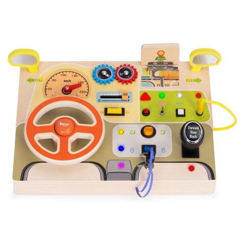 DREWNIANA TABLICA MANIPULACYJNA LED SENSORYCZNA DLA DZIECI PANEL EDUKACYJNY AUTO KIEROWNICA 14 ELEMENTÓW