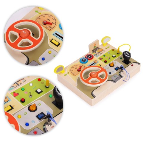 DREWNIANA TABLICA MANIPULACYJNA LED SENSORYCZNA DLA DZIECI PANEL EDUKACYJNY AUTO KIEROWNICA 14 ELEMENTÓW