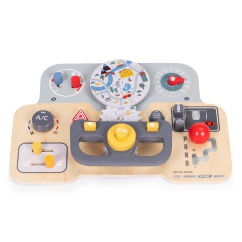 DREWNIANA TABLICA MANIPULACYJNA SENSORYCZNA DLA DZIECI PANEL EDUKACYJNY AUTO KIEROWNICA 15 ELEMENTÓW ECOTOYS