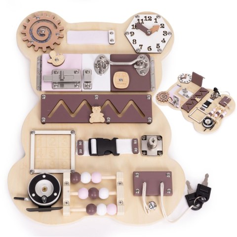 DREWNIANA TABLICA MANIPULACYJNA SENSORYCZNA DLA DZIECI PANEL EDUKACYJNY MIŚ 12 ELEMENTÓW ECOTOYS