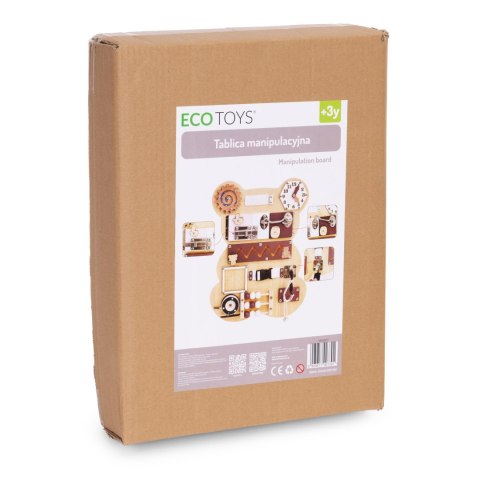 DREWNIANA TABLICA MANIPULACYJNA SENSORYCZNA DLA DZIECI PANEL EDUKACYJNY MIŚ 12 ELEMENTÓW ECOTOYS