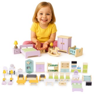 DREWNIANE MEBELKI DO DOMU DLA LALEK AKCESORIA ZESTAW 30 ELEMENTÓW