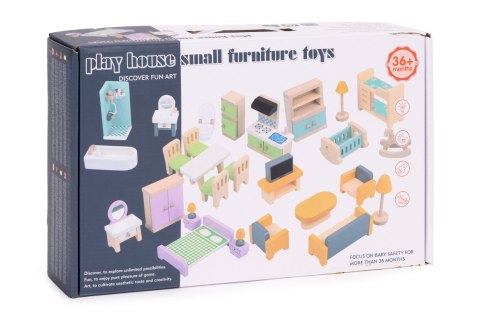 DREWNIANE MEBELKI DO DOMU DLA LALEK AKCESORIA ZESTAW 30 ELEMENTÓW