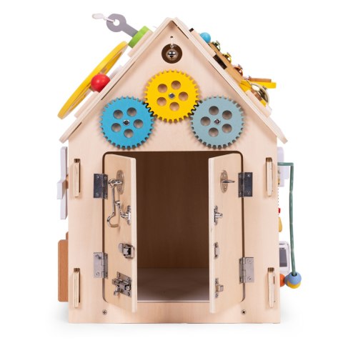 DREWNIANY DOMEK MANIPULACYJNY DLA DZIECI PANEL EDUKACYJNY XXL 30 ELEMENTÓW