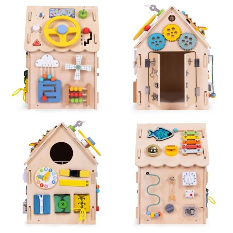 DREWNIANY DOMEK MANIPULACYJNY DLA DZIECI PANEL EDUKACYJNY XXL 30 ELEMENTÓW