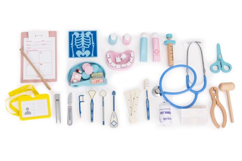 DREWNIANY ZESTAW MAŁEGO LEKARZA WALIZKA MEDYCZNA DLA DZIECI 34 ELEMENTY