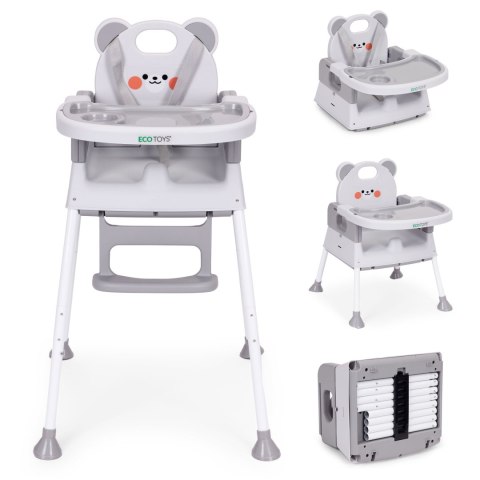 FOTELIK KRZESEŁKO DO KARMIENIA DZIECI 3W1 PODWÓJNA TACKA 5-PUNKTOWE PASY SZARY ECOTOYS
