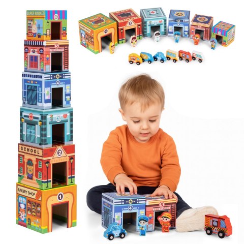 WIEŻA DO UKŁADANIA PIRAMIDA MIASTO SORTER Z FIGURKAMI I POJAZDAMI 18 ELEMENTÓW