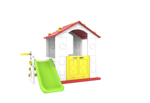 Domek Ogrodowy 3w1 dla dzieci Czerwony Dach + Zjeżdżalnia + Koszykówka