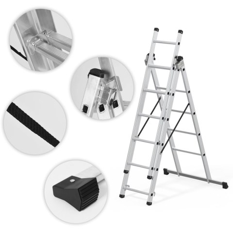 DRABINA ALUMINIOWA WIELOFUNKCYJNA 3X7 SKŁADANA Z PASAMI ZABEZPIECZAJĄCYMI 150 KG MODERNHOME