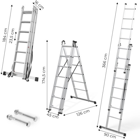 DRABINA ALUMINIOWA WIELOFUNKCYJNA 3X7 SKŁADANA Z PASAMI ZABEZPIECZAJĄCYMI 150 KG MODERNHOME