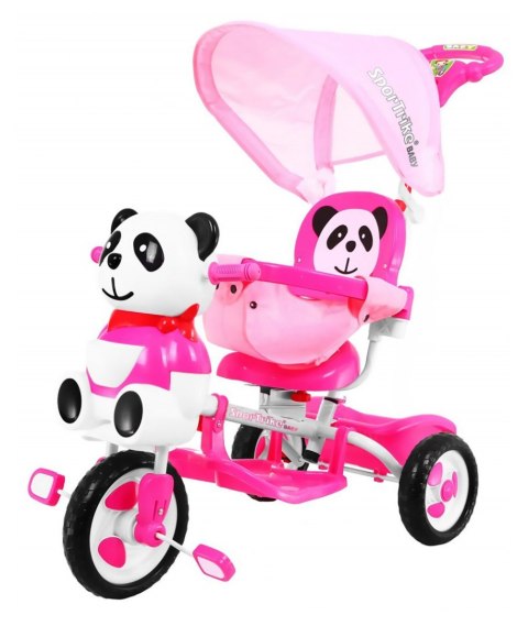 3-kołowy Rowerek dla dzieci Panda Różowy + Dźwięki + Daszek + Barierka + Podnóżek + Rączka + Schowek