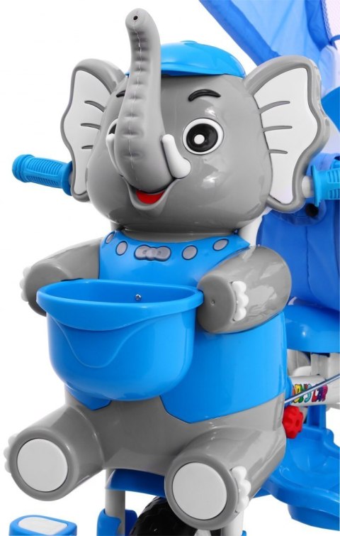 3-kołowy Rowerek dla dzieci Słonik Niebieski + Dźwięki + Daszek + Barierka + Podnóżek + Rączka + Schowek