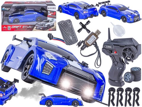 DUŻY Samochód Do Driftu Auto RC Drift 1:16 2,4 GHz PARA DYM 4WD Niebieski Nissan GTR LED