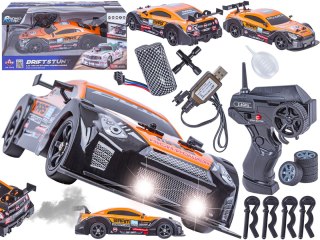 DUŻY Samochód Do Driftu Auto RC Drift 1:16 2,4 GHz PARA DYM 4WD Pomarańczowy Nissan GTR LED
