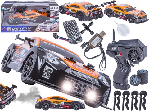 DUŻY Samochód Do Driftu Auto RC Drift 1:16 2,4 GHz PARA DYM 4WD Pomarańczowy Nissan GTR LED