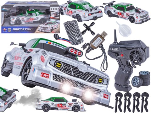 DUŻY Samochód Do Driftu Auto RC Drift 1:16 2,4 GHz PARA DYM Srebrny Dodge 4WD LED