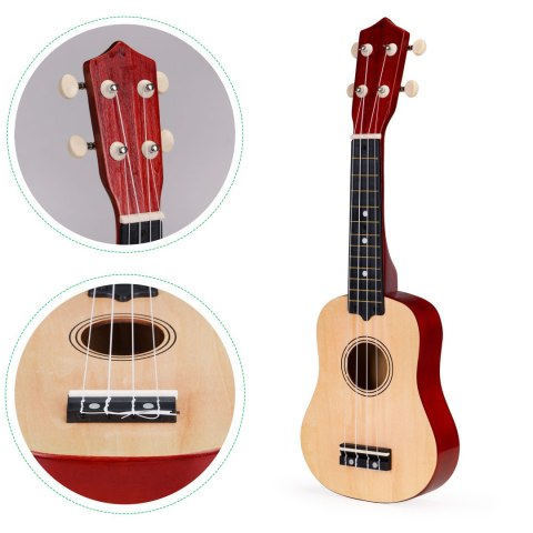 GITARA UKULELE DLA DZIECI DREWNIANA 4 STRUNY NYLONOWE ECOTOYS