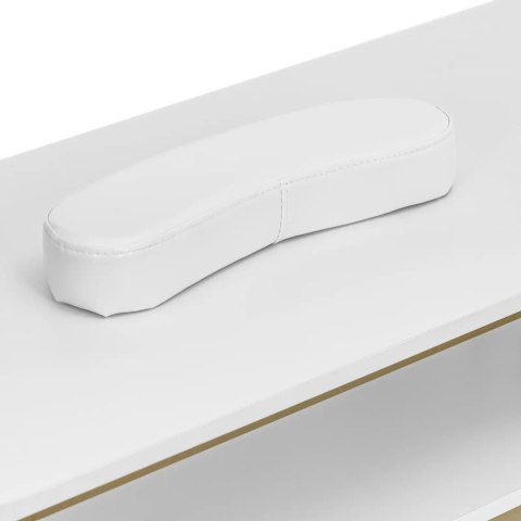 Biurko kosmetyczne do manicure z podpórką na dłonie szuflada 3 półki 110 x 46 cm - biało złote